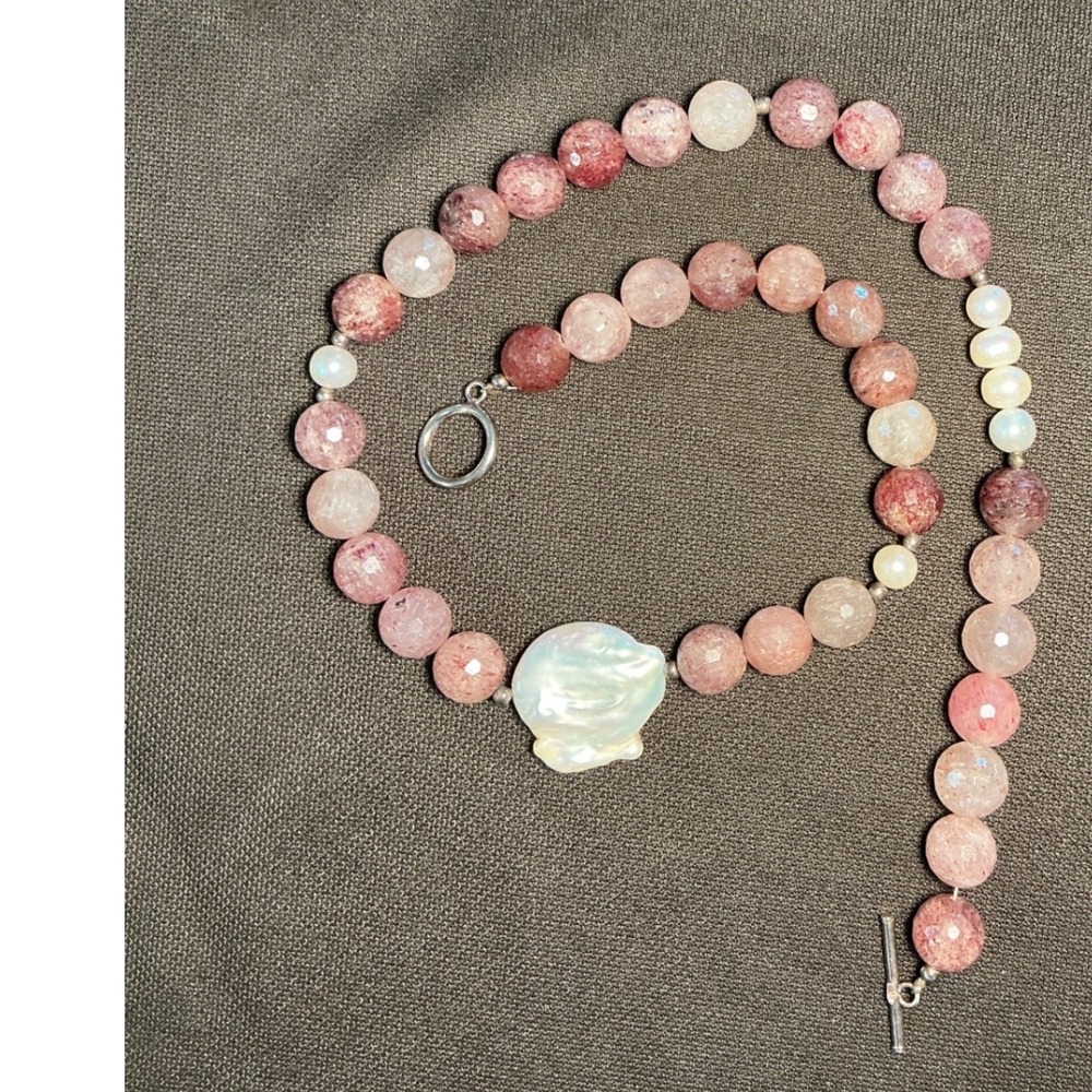 Strawberry Quartz and Baroque Pearl Beaded Necklace Sterling Silver Toggle 19.5"